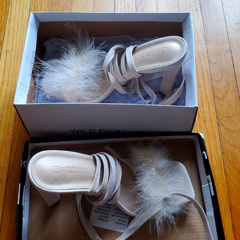Wild Diva Ivory Feather Strappy Heels